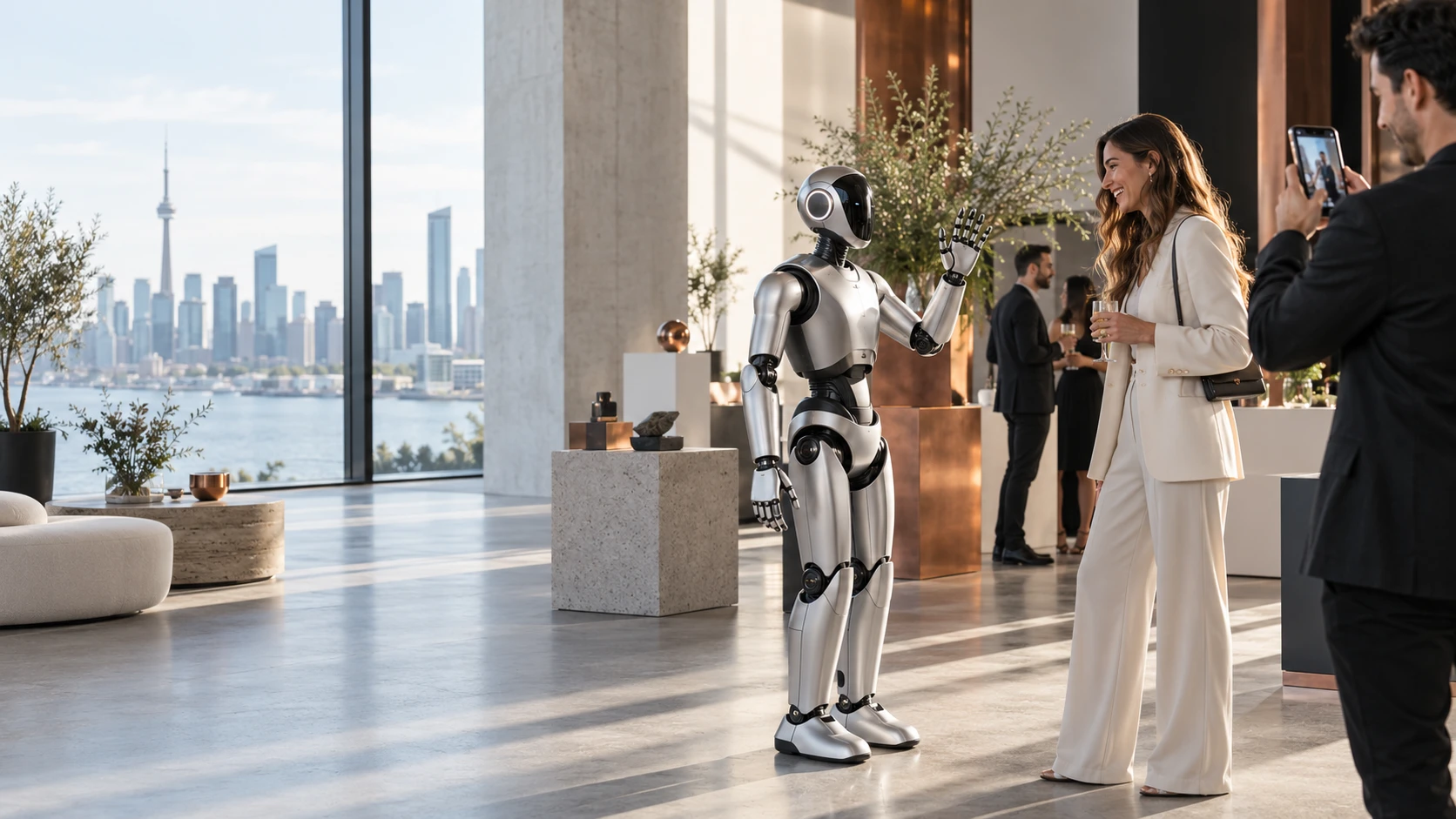 Generated concept of a humanoid robot greeting guests at a Toronto brand activation