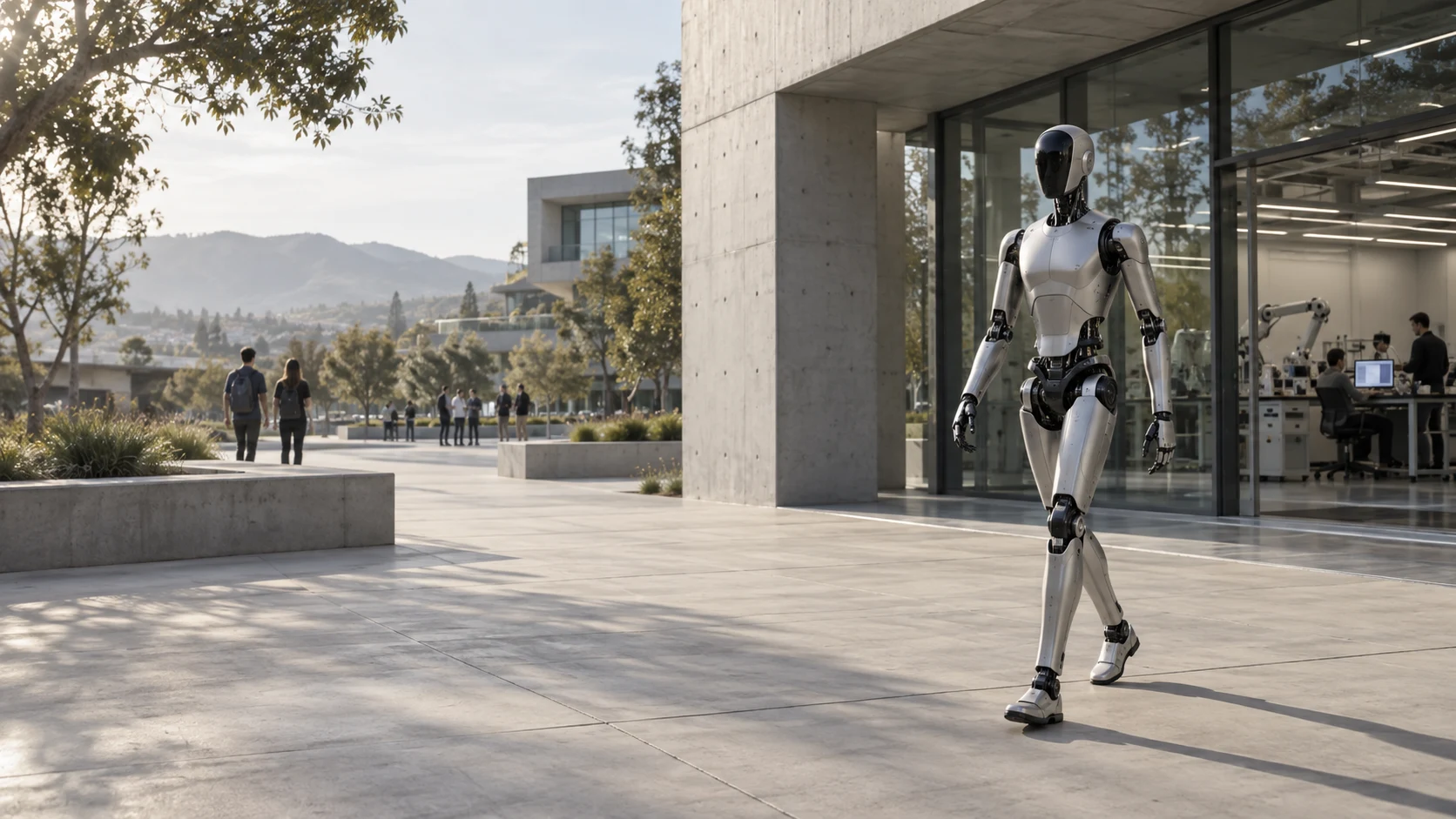 Illustrative humanoid robot in an architectural campus setting