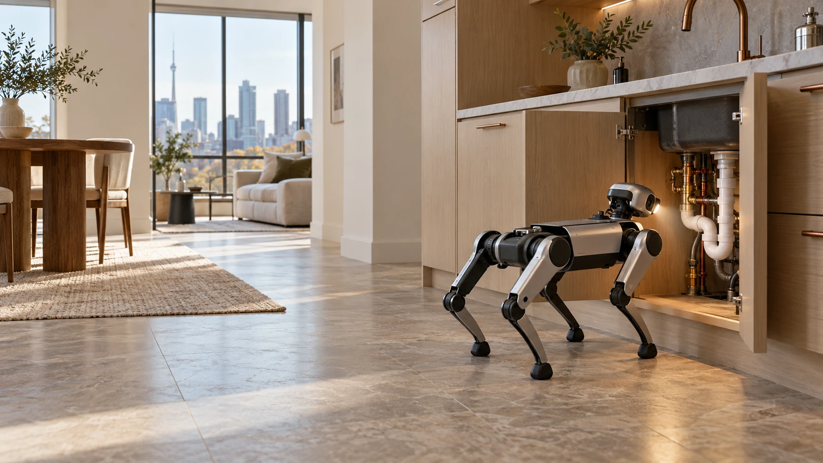 Generated concept of a quadruped robot visually checking kitchen plumbing in an unoccupied home